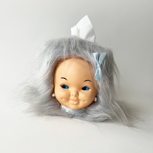 Vintage Accents Vtg 7s Baby Doll Face Head Gray Hair Tissue Box